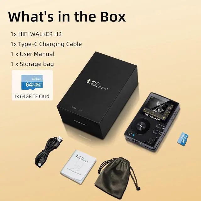 Alt view image 5 of 6 - H2 HiFi MP3 Player with Bluetooth, Lossless DSD DAC Flac, High Resolution Music Player, Portable Audio Player with 64 GB Memory Card, Supports up to 256 GB