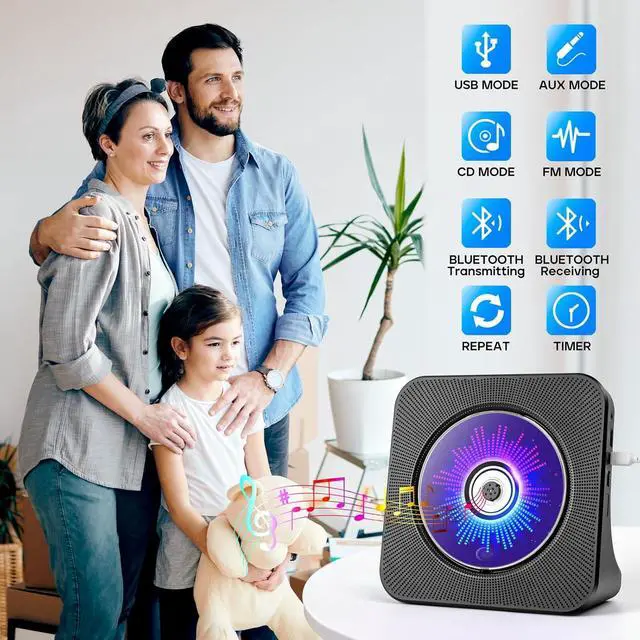 Alt view image 2 of 6 - Desktop CD Player with Speakers, ROADOM CD Players for Home, Portable CD Player with Bluetooth Hi-Fi Stereo Sound,Remote Control,Supports CD/Bluetooth/FM Radio/U Disk/AUX/Timer/Repeat,Black