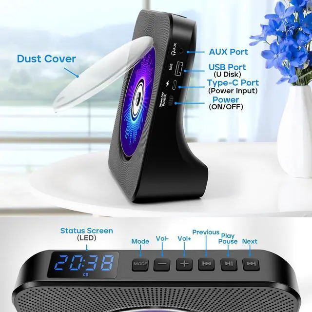 Alt view image 4 of 6 - Desktop CD Player with Speakers, ROADOM CD Players for Home, Portable CD Player with Bluetooth Hi-Fi Stereo Sound,Remote Control,Supports CD/Bluetooth/FM Radio/U Disk/AUX/Timer/Repeat,Black
