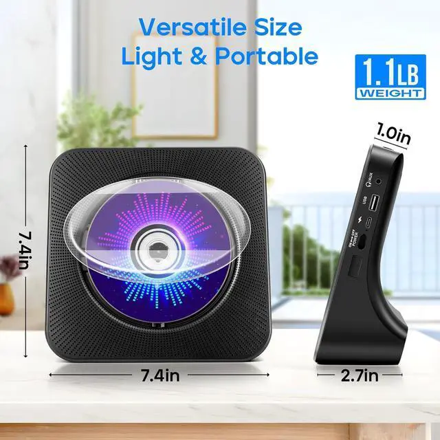 Alt view image 6 of 6 - Desktop CD Player with Speakers, ROADOM CD Players for Home, Portable CD Player with Bluetooth Hi-Fi Stereo Sound,Remote Control,Supports CD/Bluetooth/FM Radio/U Disk/AUX/Timer/Repeat,Black