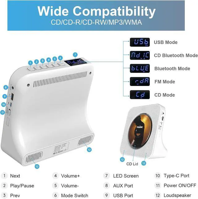 Alt view image 3 of 6 - Desktop Vertical CD Player with Speakers HiFi, Portable CD Players for Home, Bluetooth, Remote Control, LED Screen, FM Radio, U Disk, AUX Port, Compatible Formats, Wired, White, Gift
