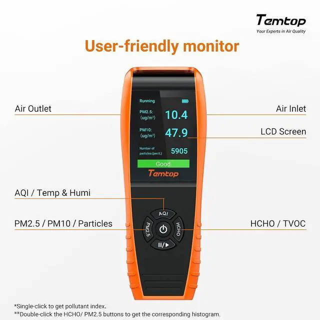 Alt view image 7 of 7 - Air Quality Monitor PM2.5 PM10 Particle Counter, Formaldehyde, Temperature, Humidity, TVOC AQI Tester for Indoor/Outdoor Air Pollution Detection w/Data Export