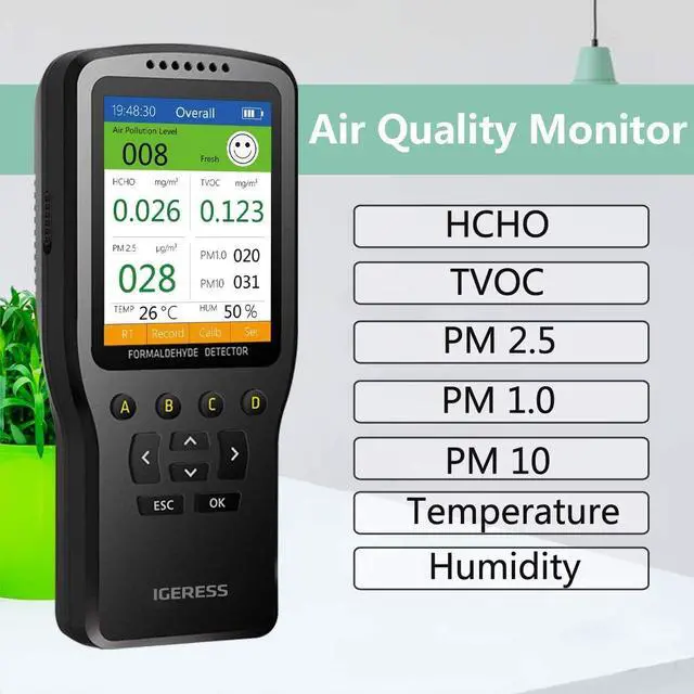 Alt view image 2 of 7 - Indoor Air Quality Monitor, IGERESS Formaldehyde Detector, Pollution Monitor, Temperature & Humidity Meter, Dust Tester, Detect Indoor HCHO/TVOC/PM2.5/PM10/PM1.0, Colorful LCD Screen & USB Charging