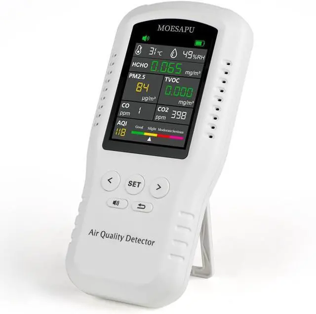 Main image of 8-in-1 Indoor Air Quality Monitor, Formaldehyde Detector, Temperature & Humidity Meter, Sensor, Tester Detect PM2.5, CO, CO2, HCHO,TVOC,AQI Micron Dust, Home Air Test Kits