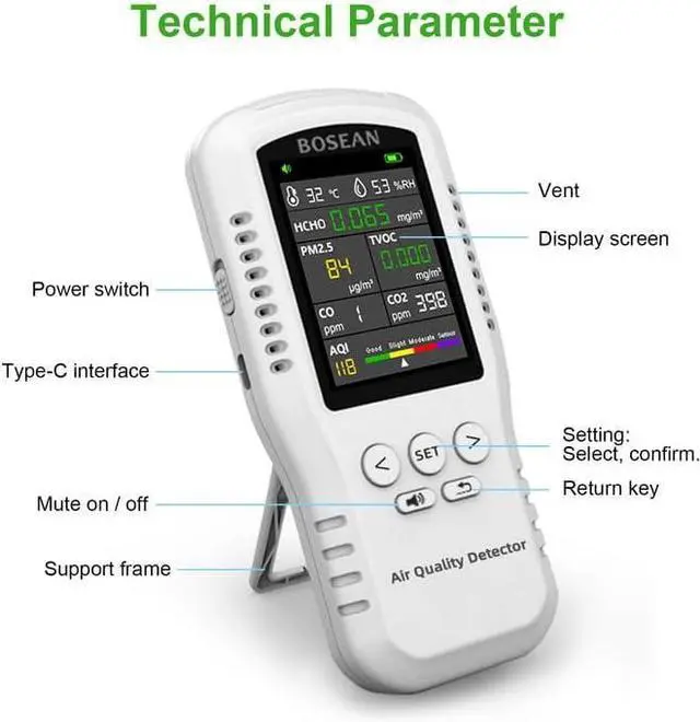 Alt view image 4 of 7 - 8-in-1 Indoor Air Quality Monitor, Formaldehyde Detector, Temperature & Humidity Meter, Sensor, Tester Detect PM2.5, CO, CO2, HCHO,TVOC,AQI Micron Dust, Home Air Test Kits
