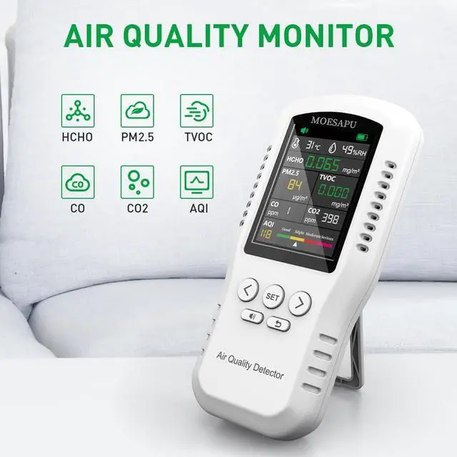 Alt view image 5 of 7 - 8-in-1 Indoor Air Quality Monitor, Formaldehyde Detector, Temperature & Humidity Meter, Sensor, Tester Detect PM2.5, CO, CO2, HCHO,TVOC,AQI Micron Dust, Home Air Test Kits