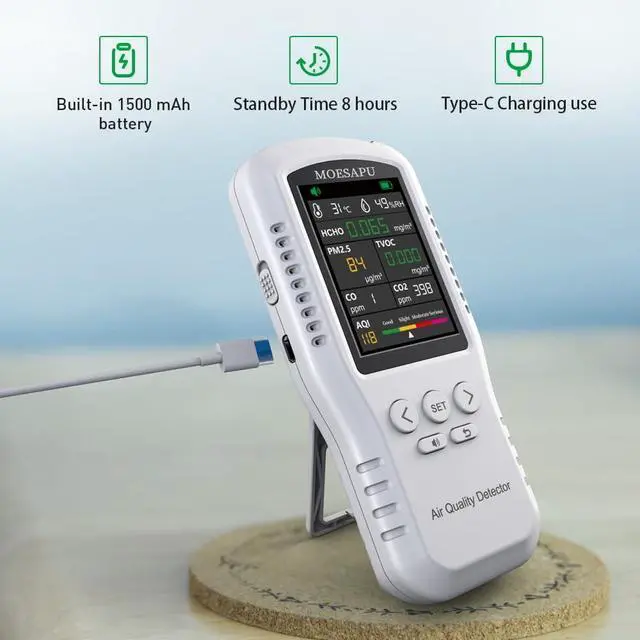 Alt view image 6 of 7 - 8-in-1 Indoor Air Quality Monitor, Formaldehyde Detector, Temperature & Humidity Meter, Sensor, Tester Detect PM2.5, CO, CO2, HCHO,TVOC,AQI Micron Dust, Home Air Test Kits