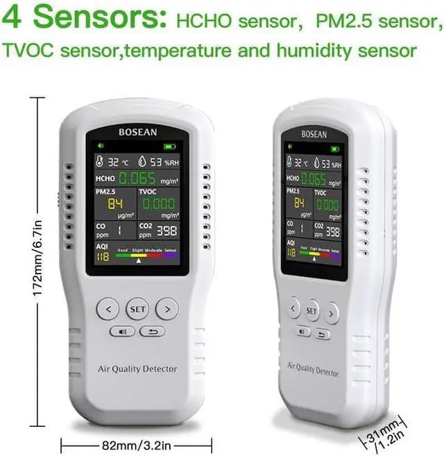 Alt view image 7 of 7 - 8-in-1 Indoor Air Quality Monitor, Formaldehyde Detector, Temperature & Humidity Meter, Sensor, Tester Detect PM2.5, CO, CO2, HCHO,TVOC,AQI Micron Dust, Home Air Test Kits