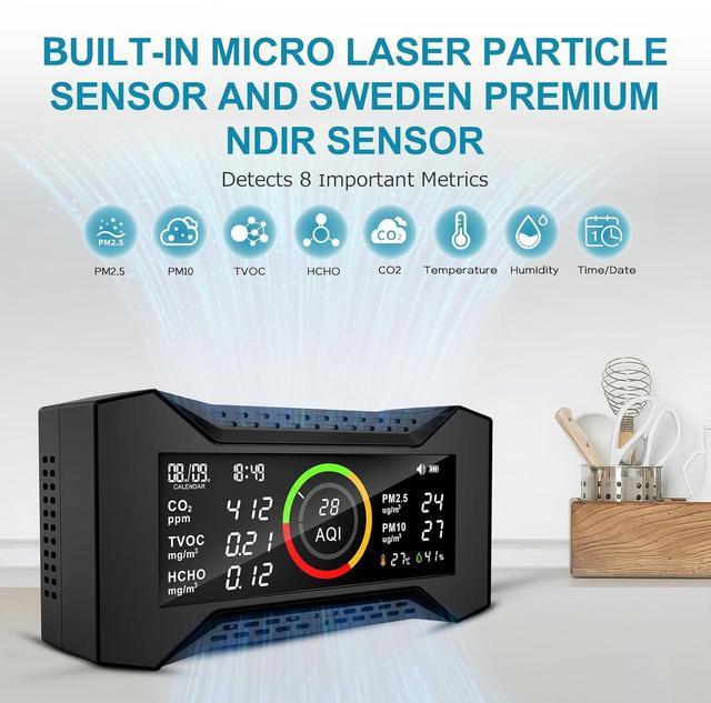 Alt view image 2 of 7 - AQ Air Quality Monitor, Indoor CO2 Monitor (PM2.5, PM10, CO2, VOC, Formaldehyde, Humidity, Temp) Multifunctional Wildfire Air Pollution Detector, Easy Calibration Indoor Air Quality Meter