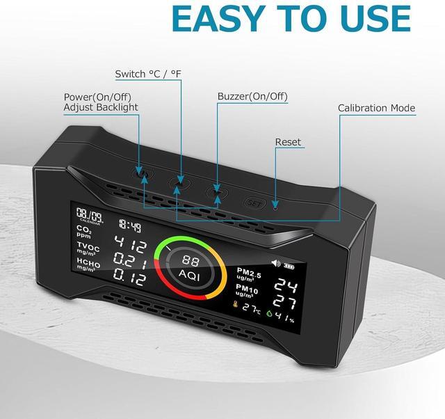 Alt view image 3 of 7 - AQ Air Quality Monitor, Indoor CO2 Monitor (PM2.5, PM10, CO2, VOC, Formaldehyde, Humidity, Temp) Multifunctional Wildfire Air Pollution Detector, Easy Calibration Indoor Air Quality Meter