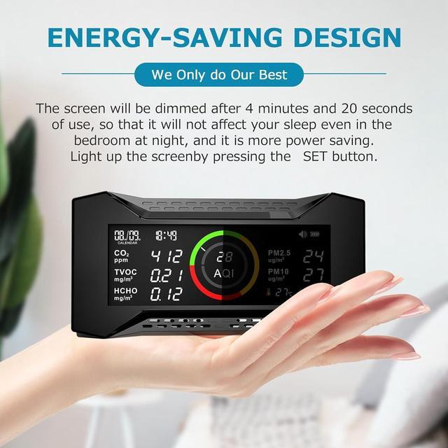 Alt view image 7 of 7 - AQ Air Quality Monitor, Indoor CO2 Monitor (PM2.5, PM10, CO2, VOC, Formaldehyde, Humidity, Temp) Multifunctional Wildfire Air Pollution Detector, Easy Calibration Indoor Air Quality Meter