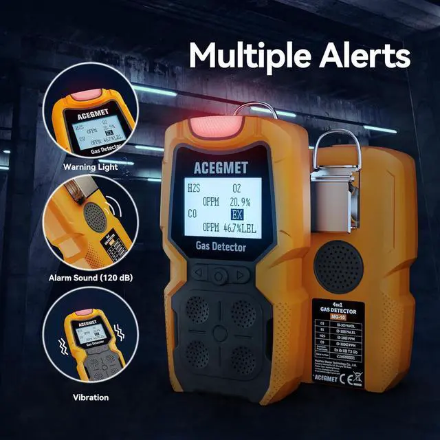 Alt view image 5 of 6 - Gas Detector, ACEGMET 4 Gas Monitor Multiple Indicator (Vibration, Audible, Visual) H2S, O2, CO and LEL 4 Gas Monitor Personal Rechargeable 4 Gas Meter 2 Years of Sensor Life Gas Sniffer
