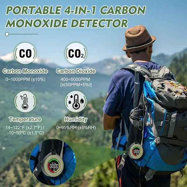 Alt view image 2 of 7 - Portable 4-in-1 Carbon Monoxide Detectors, Mini Carbon Monoxide and Carbon Dioxide Monitor with Magnetic Suction, RV CO CO2 Detector Alarm Temp/Humidity Sensor, CO CO2 Air Quality Monitor