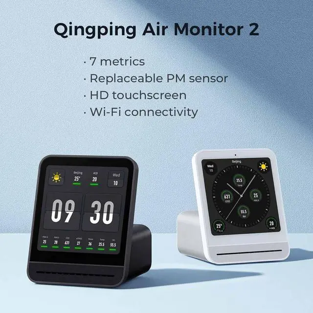 Alt view image 2 of 7 - Air Quality Monitor Gen 2, Indoor Detects PM2.5, CO2, PM10, Noise, Temperature and Humidity, New Upgraded Alarm Clock Function, Tester for Bedroom, Smart Home  White -