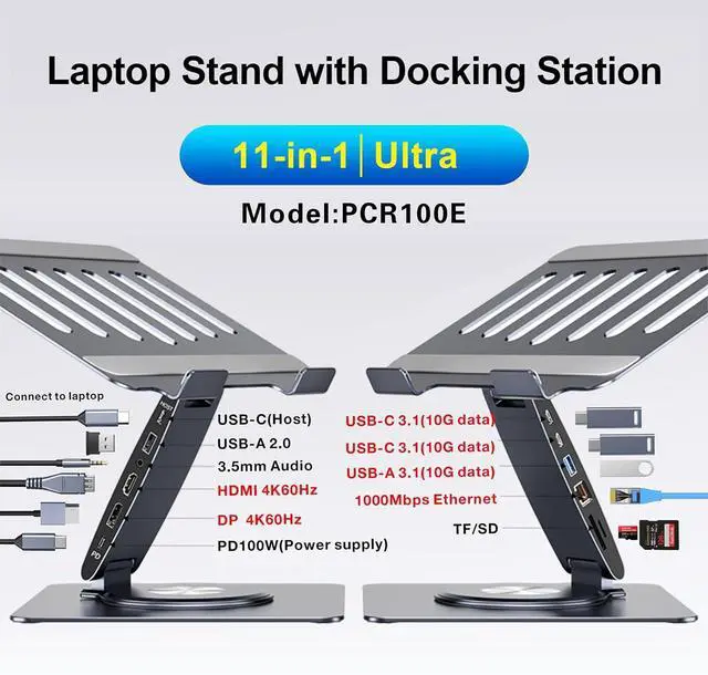 Alt view image 2 of 7 - Laptop Docking Station Stand 11-IN-1 Triple Display HDMI DP 4K60Hz Gigabit Ethernet USB3.1 PD100W SD/TF Card Reader Audio 360°Swivel Laptop Stand with USB Hub for MacBookPro/Air//HP/Surface/