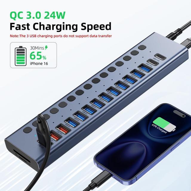 Alt view image 4 of 7 - Powered USB Hub, VANGREE 17-Port 90W USB 3.0 Hub (10 USB 3.0 Ports+3 QC24W Fast Charging Ports+2 USB-C 3.0 Ports+SD/TF Card Reader), Individual On/Off Switches, 12V/7.5A Power Adapter for Laptop, PC