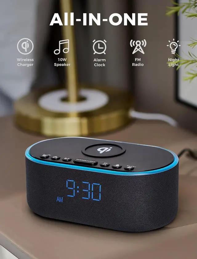 Alt view image 2 of 7 - Wireless Charging Alarm Clock Radio: Qi Certified Fast Wireless Charger for iPhone Samsung - 10W Stereo Bluetooth Speaker - Dimmable Digital Clock with FM Radio for Bedroom Black