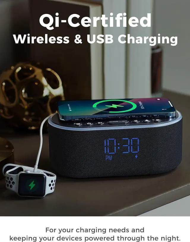 Alt view image 3 of 7 - Wireless Charging Alarm Clock Radio: Qi Certified Fast Wireless Charger for iPhone Samsung - 10W Stereo Bluetooth Speaker - Dimmable Digital Clock with FM Radio for Bedroom Black