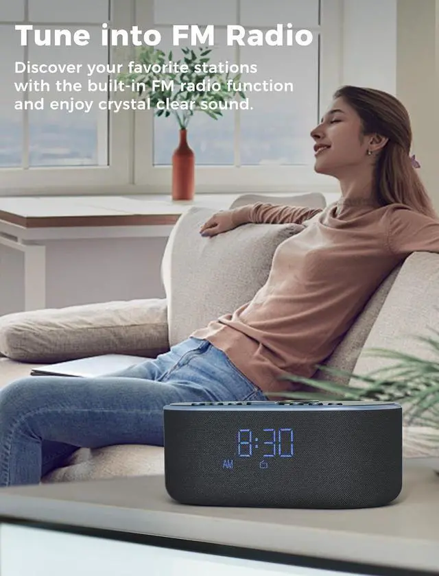 Alt view image 5 of 7 - Wireless Charging Alarm Clock Radio: Qi Certified Fast Wireless Charger for iPhone Samsung - 10W Stereo Bluetooth Speaker - Dimmable Digital Clock with FM Radio for Bedroom Black