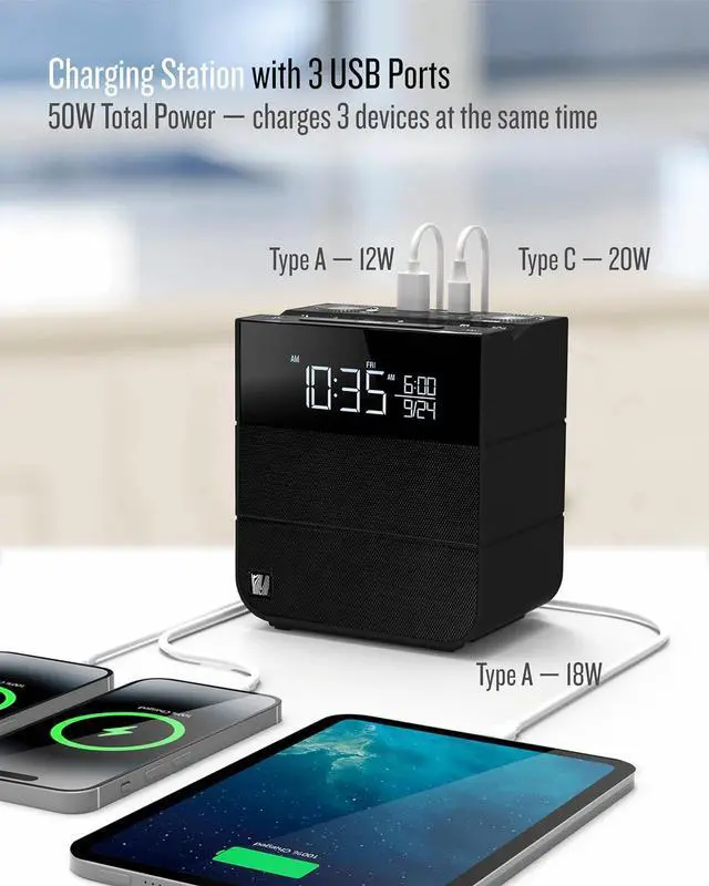 Alt view image 7 of 7 - Sound Rise II, SFQ-16: Bedside Alarm Clock Radio & Bluetooth Speaker, with Large Display Screen, FM Radio, Fast USB Charging, and Nature Sound