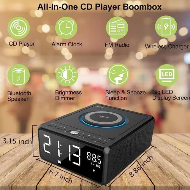 Alt view image 2 of 7 - CD Player Alarm Clock Radio Combo, Bluetooth CD Boombox, Qi Certified Fast Wireless Charger,Support CD/MP3/AUX/USB/FM Radio, CD Players for Home with Remote Control, Large Display, Dimmer