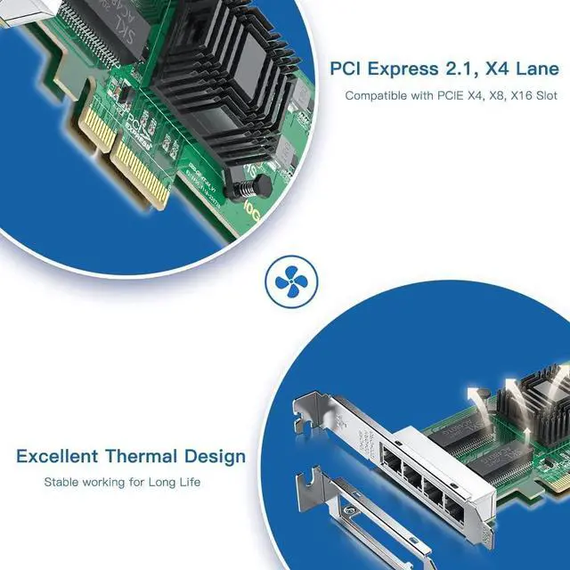 Alt view image 5 of 6 - Gigabit 4 Port NIC with  I350 Chip, 1Gb Network Card Compare to  I350-T4 NIC, Quad RJ45 Ports, PCI Express 2.1 X4, Ethernet Card with Low Profile for Windows/Windows Server/Linux