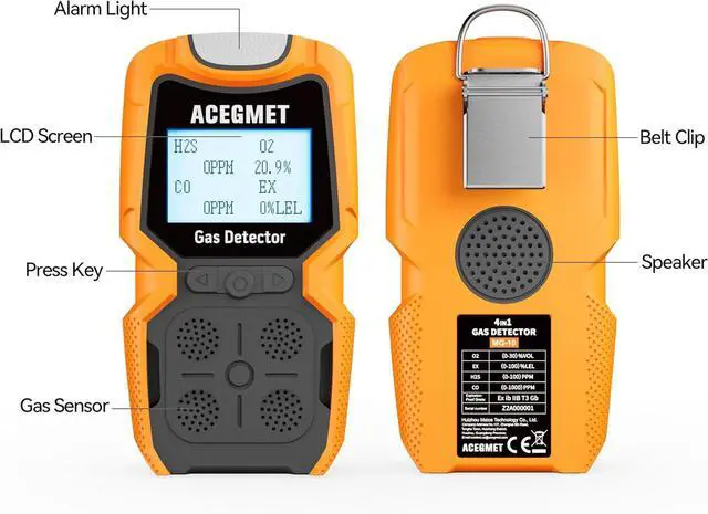 Alt view image 3 of 6 - Gas Detector, ACEGMET 4 Gas Monitor Multiple Indicator (Vibration, Audible, Visual) H2S, O2, CO and LEL 4 Gas Monitor Personal Rechargeable 4 Gas Meter 2 Years of Sensor Life Gas Sniffer