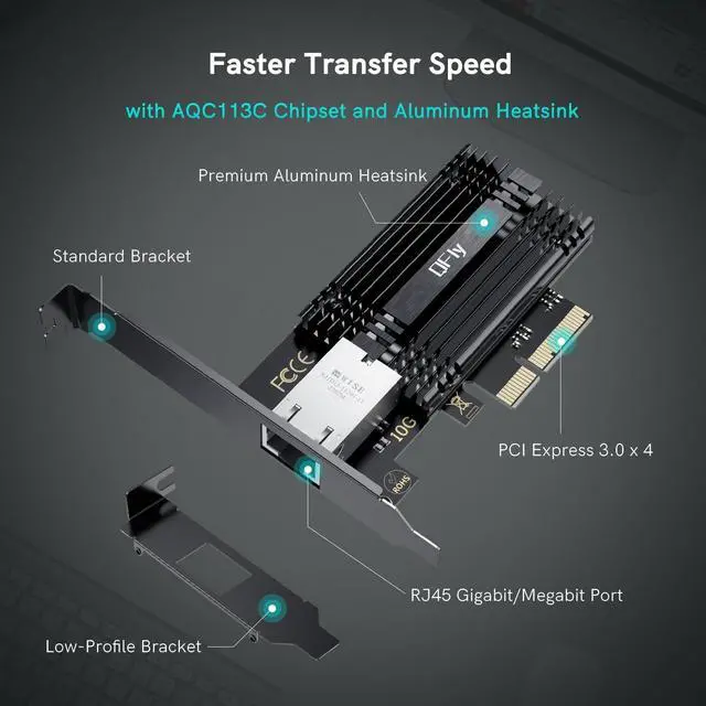 Alt view image 6 of 6 - 10Gb PCI-e Network Card, PCIe to 10 Gigabit Ethernet Adapter,Marvell AQtion AQC113C Controller,10G Base-T RJ45 Port NIC Card,Support Windows10/11/Server