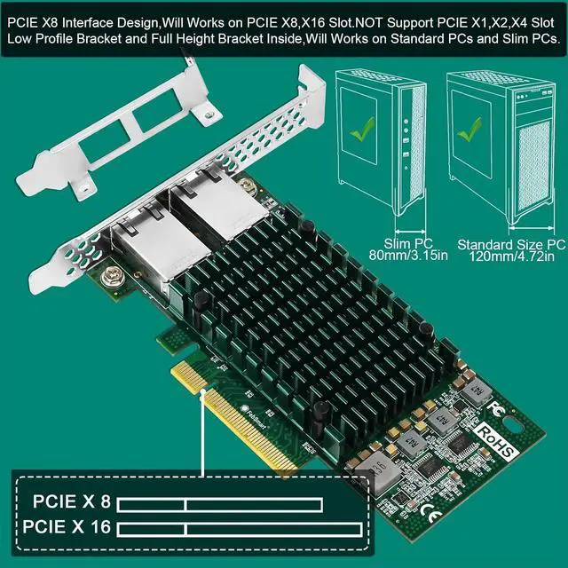 Alt view image 7 of 7 - PCIE X8 Interface to 2X 10Gbps RJ45 Ports Network Adapter Intel X540-AT2 Ethernet Controller 2X 10GbE RJ45 Interface PCIE NIC Card PCI Express 10GbE Converged Network Adapter (X540T2)