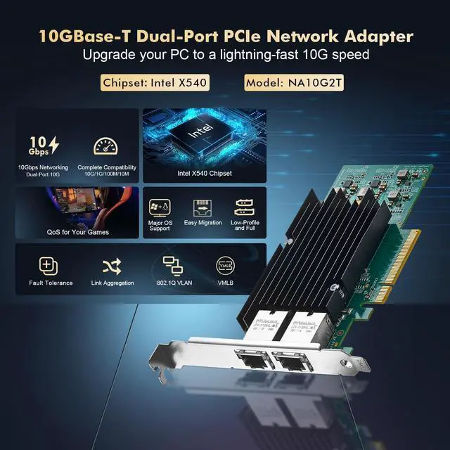 Alt view image 2 of 7 - 2 Port 10G Ethernet PCIe Network Adapter,  X540 chip LAN Controller, 10G/1G/100Mbps Ethernet RJ45 NIC Card for Windows/Linux/VMware