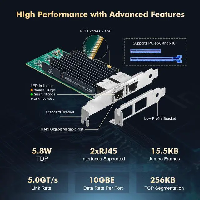 Alt view image 4 of 7 - 2 Port 10G Ethernet PCIe Network Adapter,  X540 chip LAN Controller, 10G/1G/100Mbps Ethernet RJ45 NIC Card for Windows/Linux/VMware