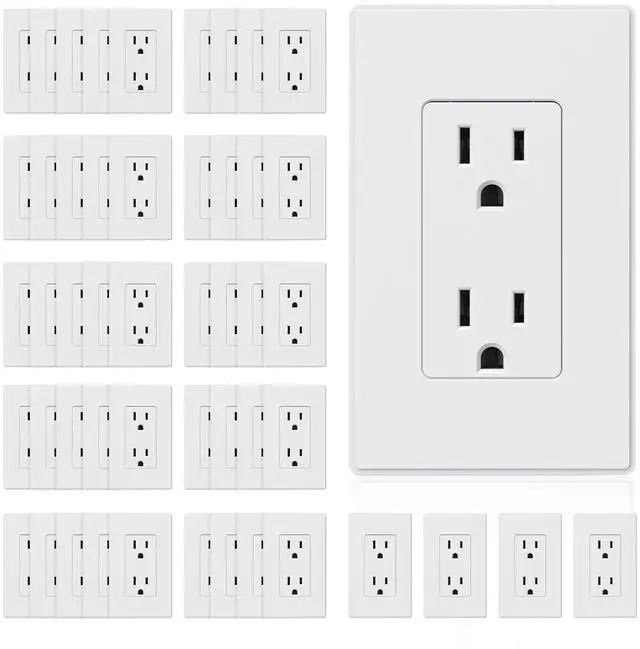 Main image of ELEGRP Matte White Standard Decorator Electrical Wall Receptacle Outlet, 15A 125V, 2 Pole 3 Wire, Non- Tamper Resistant, NEMA 5-15R, Self-Grounding, Wall Plate Included, UL Listed, 50 Pack