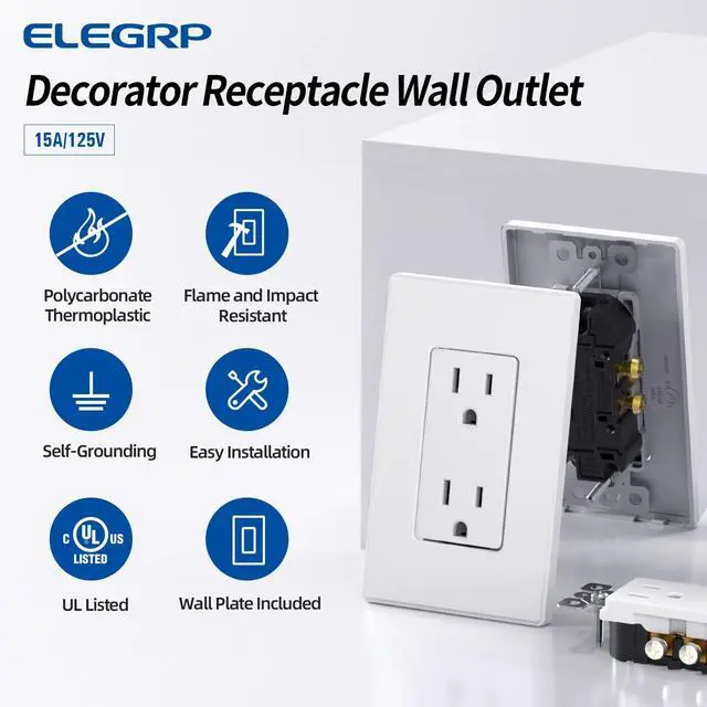 Alt view image 3 of 7 - ELEGRP Matte White Standard Decorator Electrical Wall Receptacle Outlet, 15A 125V, 2 Pole 3 Wire, Non- Tamper Resistant, NEMA 5-15R, Self-Grounding, Wall Plate Included, UL Listed, 10 Pack