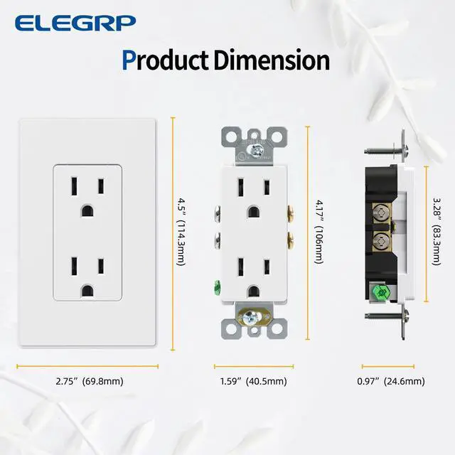 Alt view image 6 of 7 - ELEGRP Matte White Standard Decorator Electrical Wall Receptacle Outlet, 15A 125V, 2 Pole 3 Wire, Non- Tamper Resistant, NEMA 5-15R, Self-Grounding, Wall Plate Included, UL Listed, 10 Pack