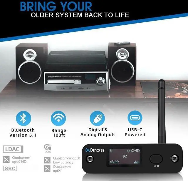 Alt view image 3 of 7 - B2 aptX HD, LDAC Hi-Fi Bluetooth 5.1 Audio Receiver,Bluetooth Adapter with ESS DAC, Analog Stereo RCA Output, Enhanced Working Range,OLED Display, Digital Coaxial & Optical Outputs