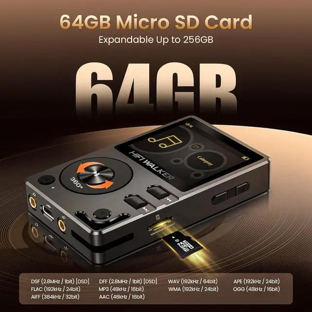 Alt view image 5 of 7 - H2 HiFi MP3 Player with Bluetooth 5.2, Lossless DSD FLAC Player, Digital Audio Player Hi Res Portable Music DAP Player with 64GB Micro SD Card, Support Up to 256GB