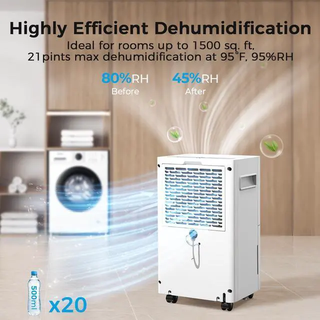 Alt view image 2 of 7 - 1500 Sq.ft Dehumidifier for Basement,  21 Pint Dehumidifiers with Drain Hose for Home Large Room Bedroom Bathroom, Powerful Moisture Removal, Smart Humidity Control & Display, 24H Timer, 3 Modes