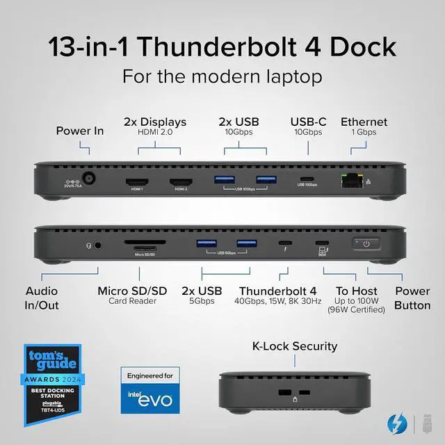 Alt view image 2 of 7 - Plugable Thunderbolt 4 Dock with 100W Charging, Thunderbolt Certified, Laptop Docking Station Dual Monitor Single 8K or Dual 4K HDMI for Windows and Mac, 4X USB, Gigabit Ethernet (TBT4-UD5)