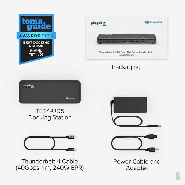 Alt view image 7 of 7 - Plugable Thunderbolt 4 Dock with 100W Charging, Thunderbolt Certified, Laptop Docking Station Dual Monitor Single 8K or Dual 4K HDMI for Windows and Mac, 4X USB, Gigabit Ethernet (TBT4-UD5)