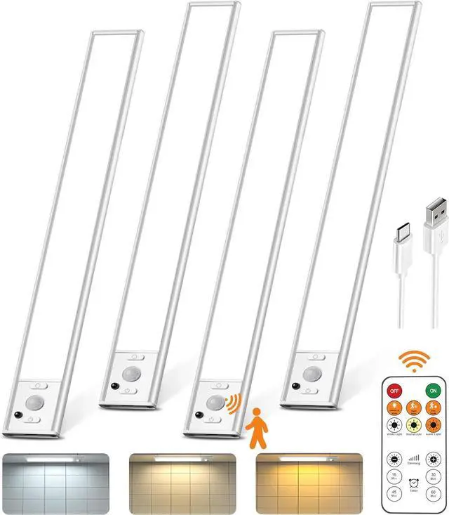Main image of Under Cabinet Lighting with Remote Control,2500mAh USB Rechargeable Motion Sensor Light Indoor,350 Lumen LED Closet Lights,3 Color Temps Wireless Counter Lights for Kitchen,Pantry, Stair, 4 Pack