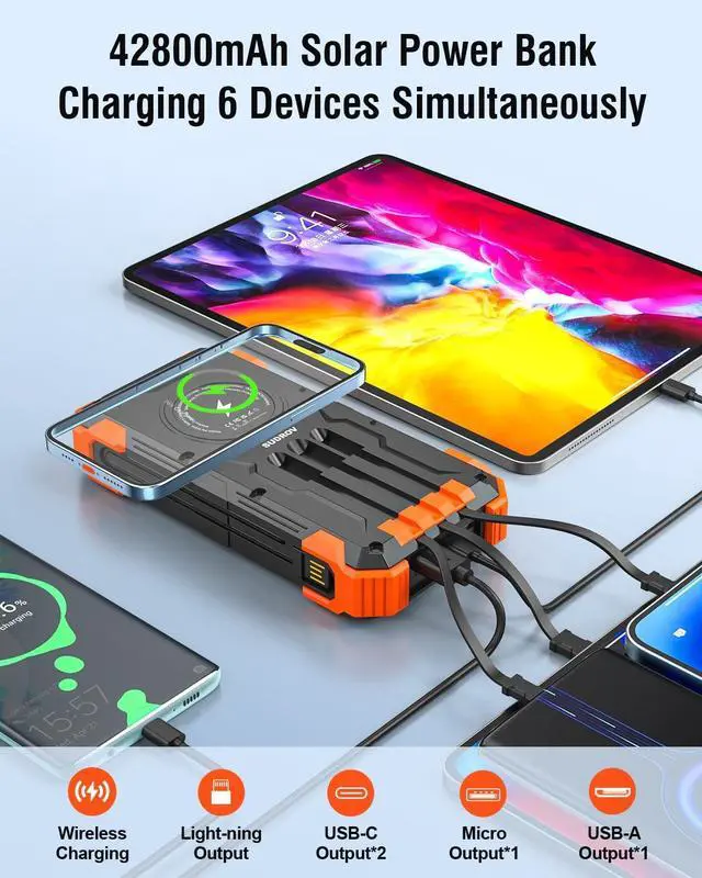 Alt view image 2 of 7 - Solar Charger Power Bank 42800mAh Wireless Portable Charger with USB-C in/Output QC3.0 Fast Charging 15W 4 Ports Outdoor Battery Pack Built-in Dual Led Flashlights for iPhone  etc