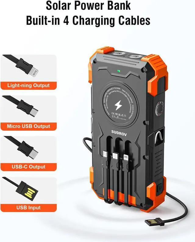 Alt view image 3 of 7 - Solar Charger Power Bank 42800mAh Wireless Portable Charger with USB-C in/Output QC3.0 Fast Charging 15W 4 Ports Outdoor Battery Pack Built-in Dual Led Flashlights for iPhone  etc