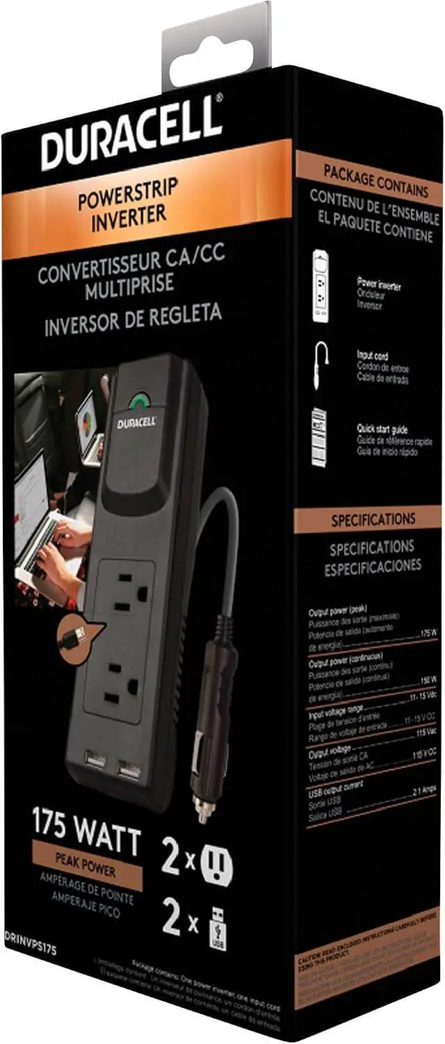 Alt view image 5 of 5 - Duracell DRINVPS175 Black 175 Watt Portable Power Inverter | 2 AC Outlets, 2 USB Ports, Black