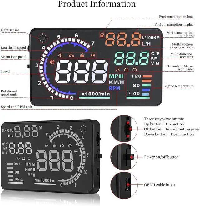 Alt view image 4 of 7 - Heads Up Display for Cars, Digital Speedometer for Car A8 with OBD Function, 5.5 Inch Large Screen, HUD Speedometer for Car for All Vehicles