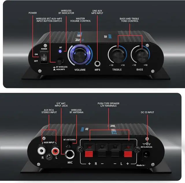 Alt view image 5 of 7 - Wireless Bluetooth Home Audio Amplifier - 90W Dual Channel Mini Portable Power Stereo Sound Receiver w/ Speaker Selector, RCA, AUX, LED, 12V Adapter - For Smartphone PA, Studio Use - PFA330BT