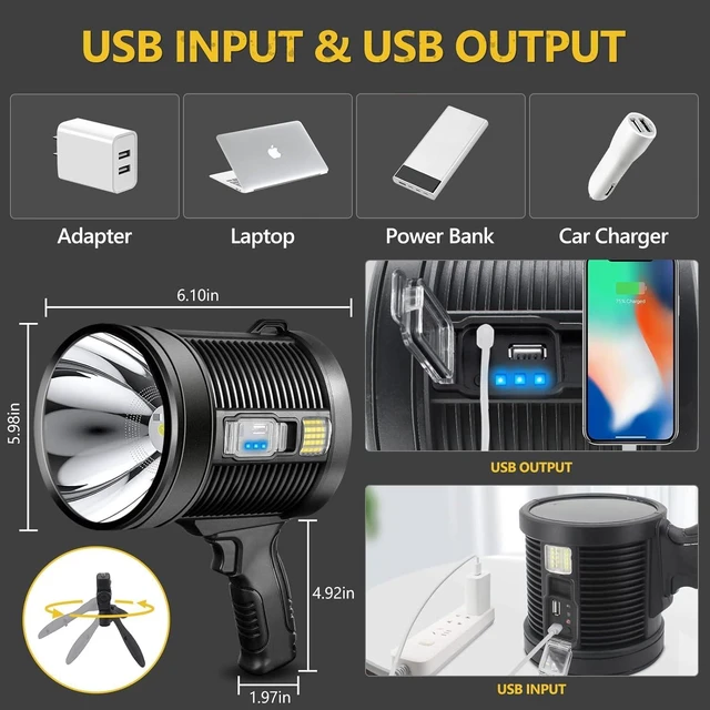 Alt view image 4 of 7 - 1,000,000 Lumen Rechargeable Spotlight 6-Mode LED Spotlight Flashlight As Seen on TV with Tripod, 3 Color Filters, Super Bright Solar Outdoor Handheld Spot Light for Hunting & Boating, XXXL