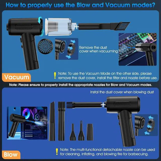 Alt view image 2 of 7 - Compressed Air Duster, 100000RPM Handheld Car Vacuum/Air Blower& Pump, 3 Gear Adjustable Electric Air Duster/Car Vacuum Cleaner, Keyboard Duster with LED Light-10 Kits Air Blower for Computer(Black)