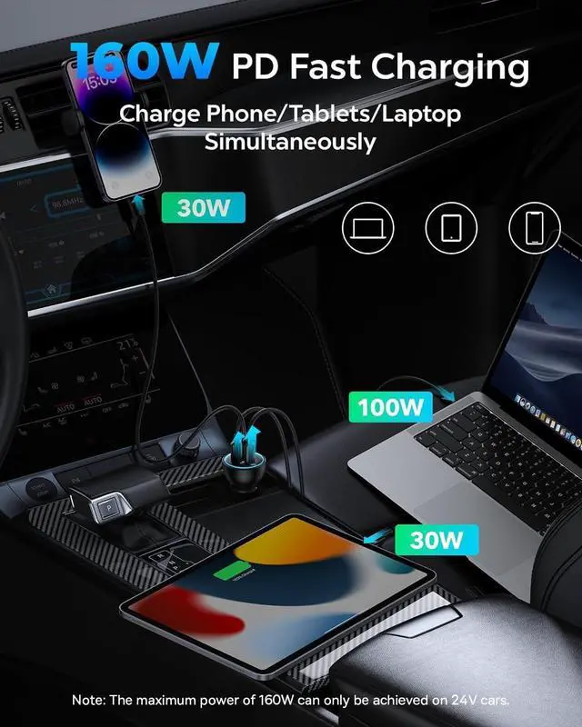 Alt view image 4 of 7 - 160W USB C Car Charger Type C Car Charger QC5.0 PD3.0 PPS 3 Ports Super Fast Charging Car Phone Charger Adapter for iPhone 15 14 13 Pro  S22 iPad MacBook Pro