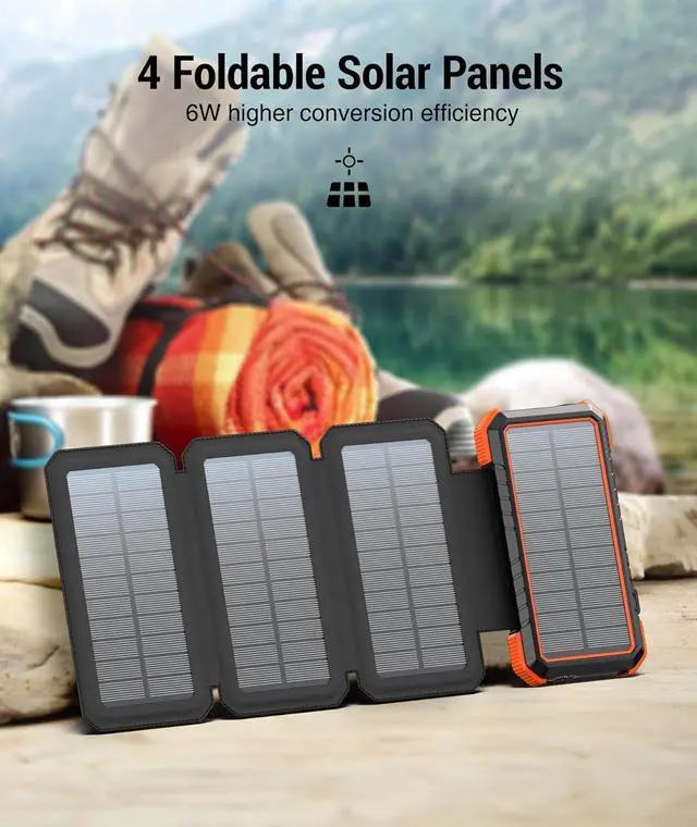 Alt view image 3 of 7 - Solar Charger Power Bank, PD 18W Fast Charging 20000mAh Battery Pack with 4 Foldable Panels, Portable Solar Powered USB C Charger with Camping Flashlight Compass Carabiner for Cell Phone