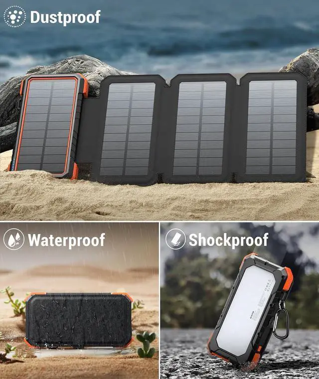 Alt view image 6 of 7 - Solar Charger Power Bank, PD 18W Fast Charging 20000mAh Battery Pack with 4 Foldable Panels, Portable Solar Powered USB C Charger with Camping Flashlight Compass Carabiner for Cell Phone